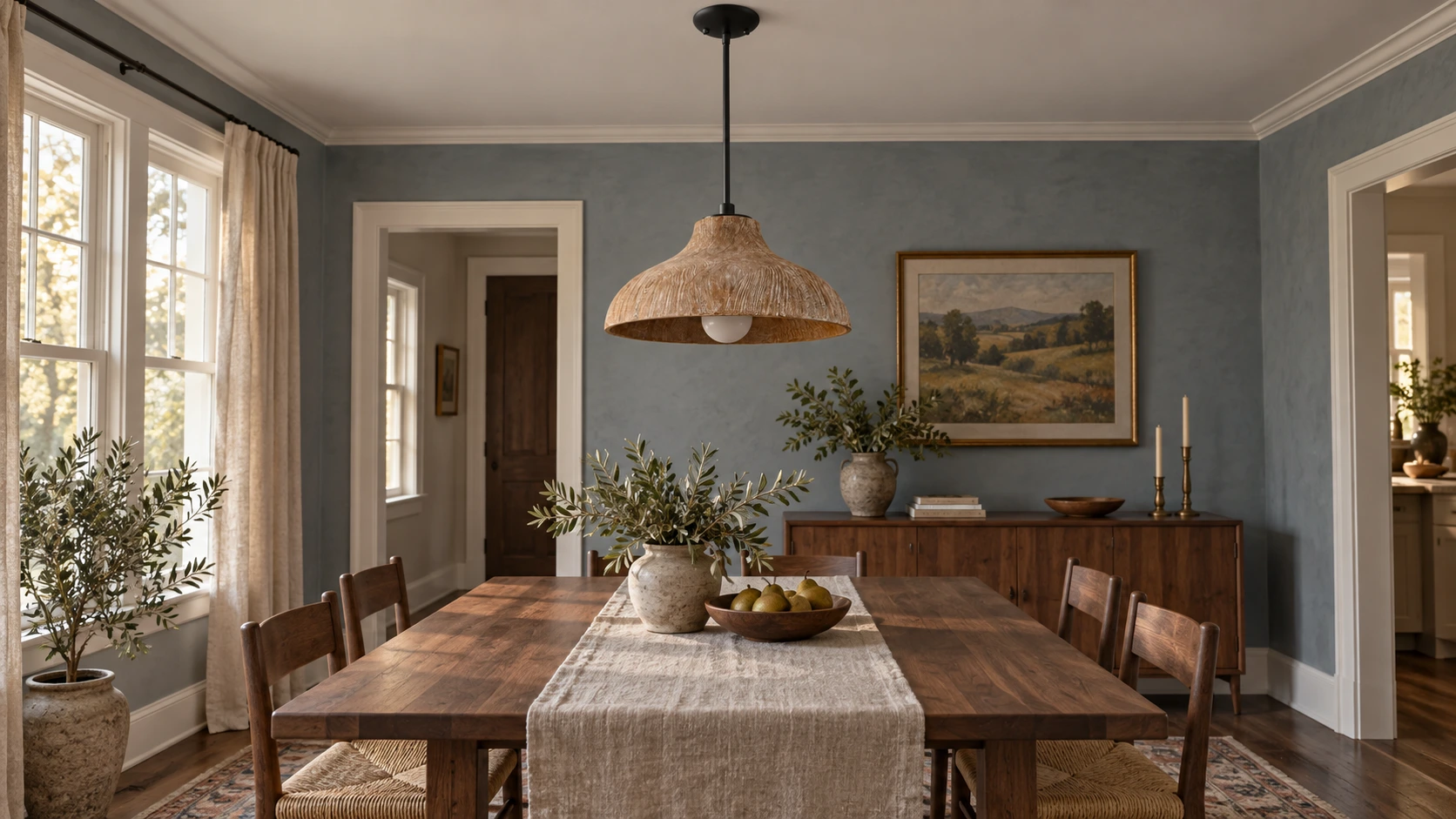 Rustic carved wood pendant light in a dining room