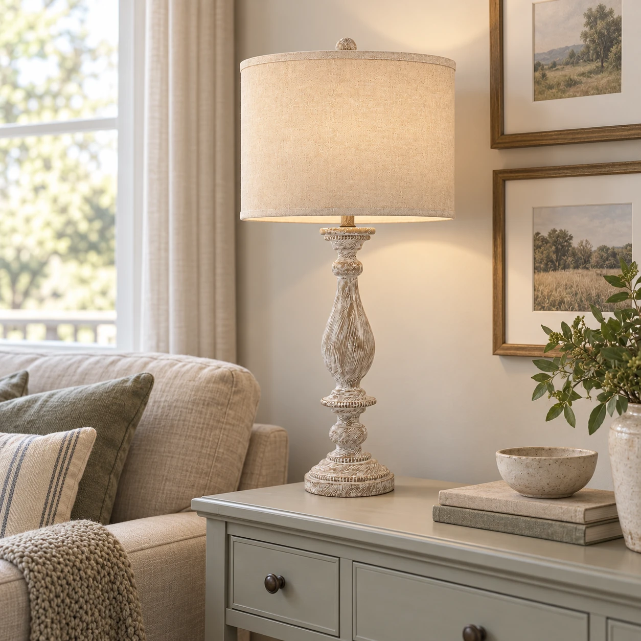 Camille table lamp on a modest painted-wood console beside a sofa in an ordinary American living room