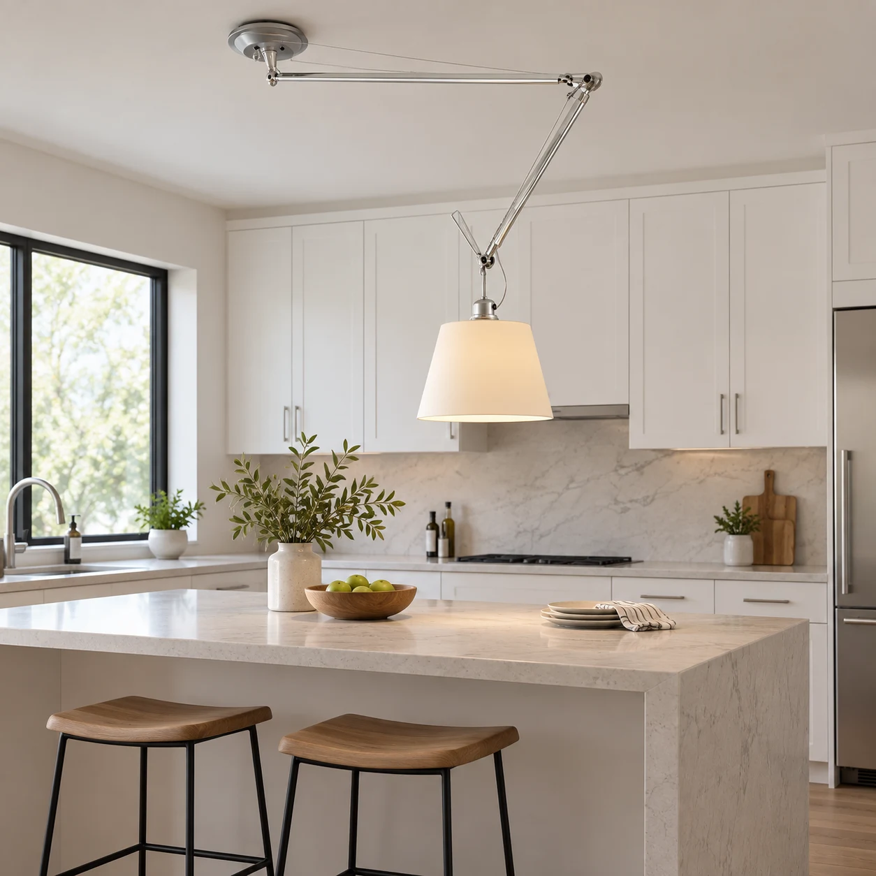Adjustable iron pendant light above a contemporary kitchen island