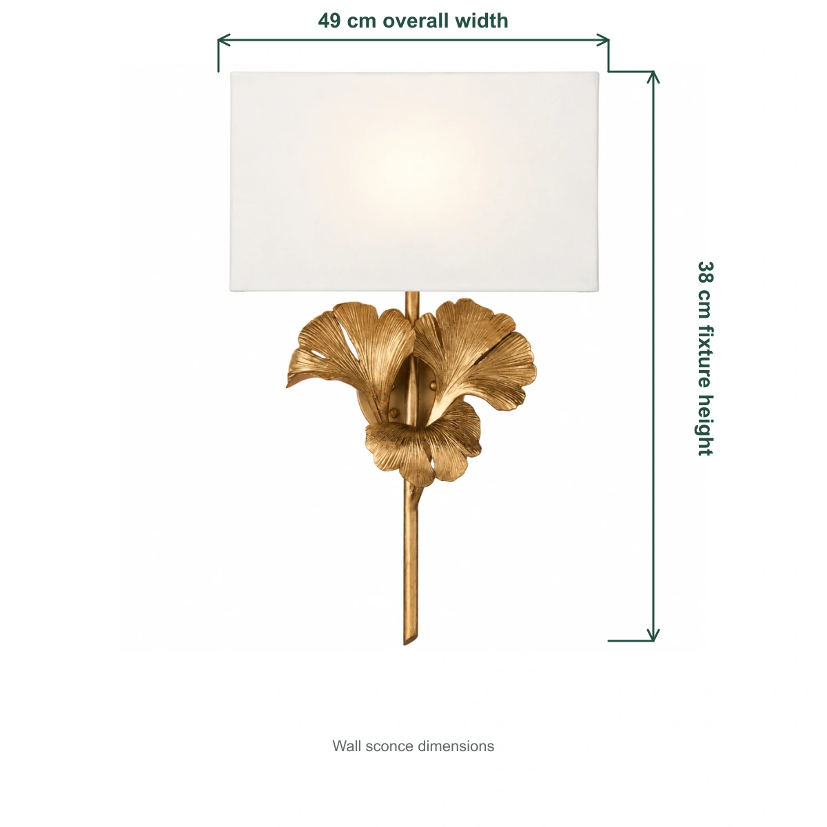 Dimension diagram showing 49 cm overall width and 38 cm fixture height
