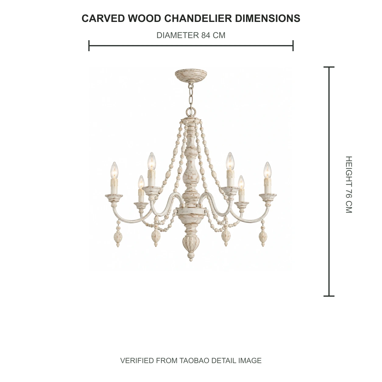 Verified chandelier dimensions: diameter 84 cm and height 76 cm