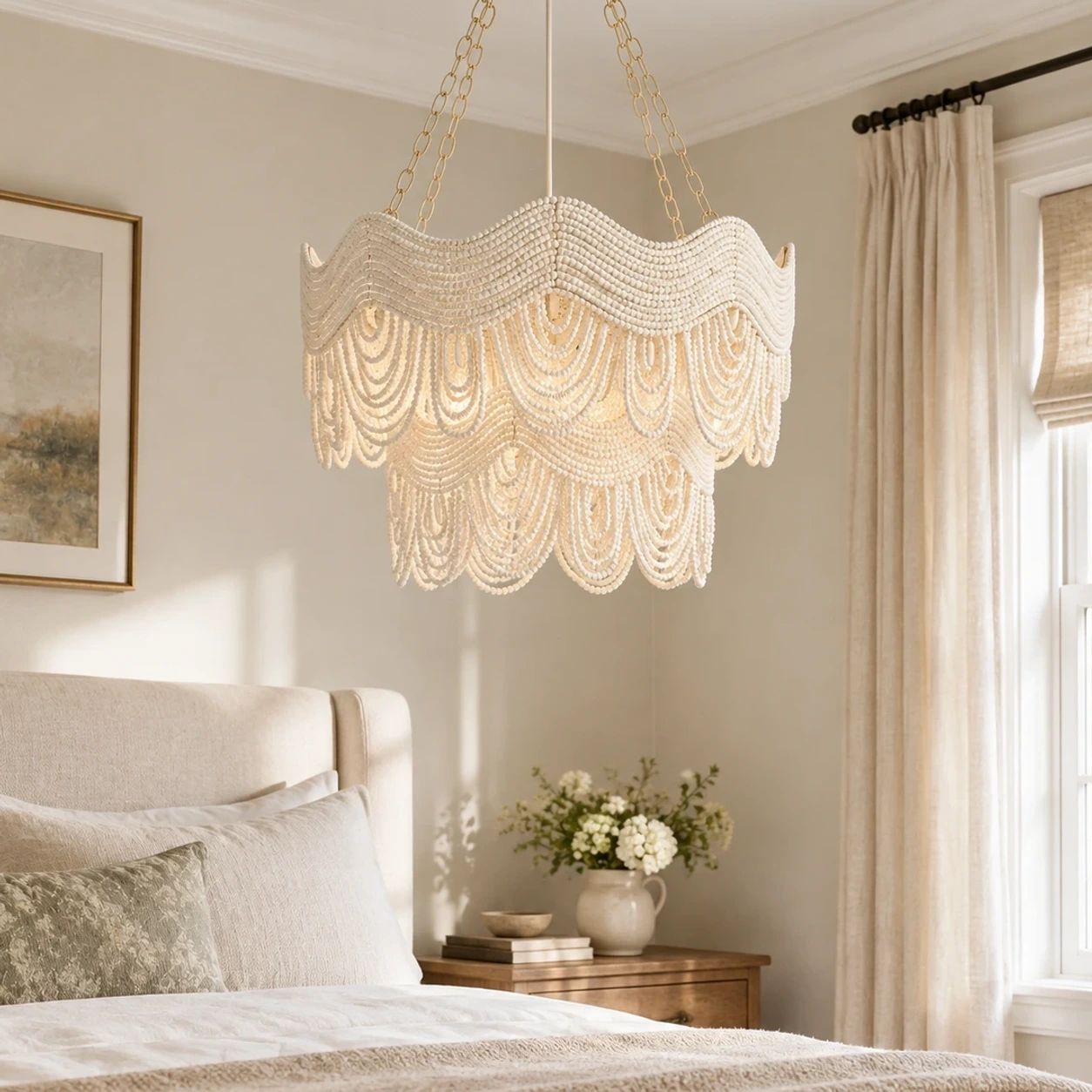 Clara Vintage Minimal Wood and Metal Pendant Light in a calm bedroom setting