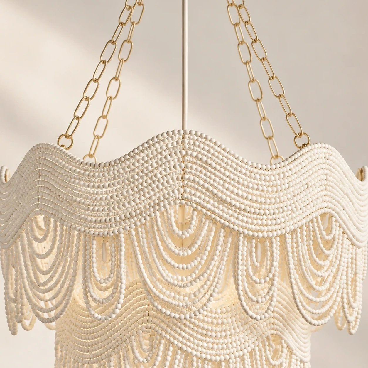 Close view of Clara Vintage Minimal Wood and Metal Pendant Light shade beadwork