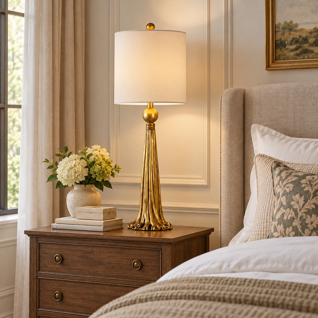 Carved gold table lamp on a bedside chest