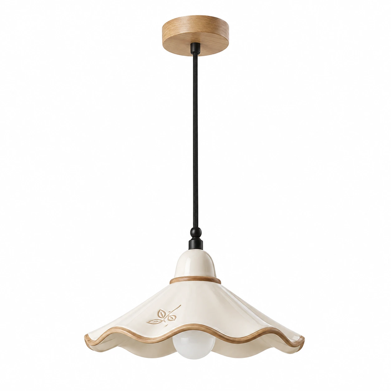 Eliseo French Vintage Scalloped Ceramic and White Ash Wood Pendant Light Three-Color Change variant switched off