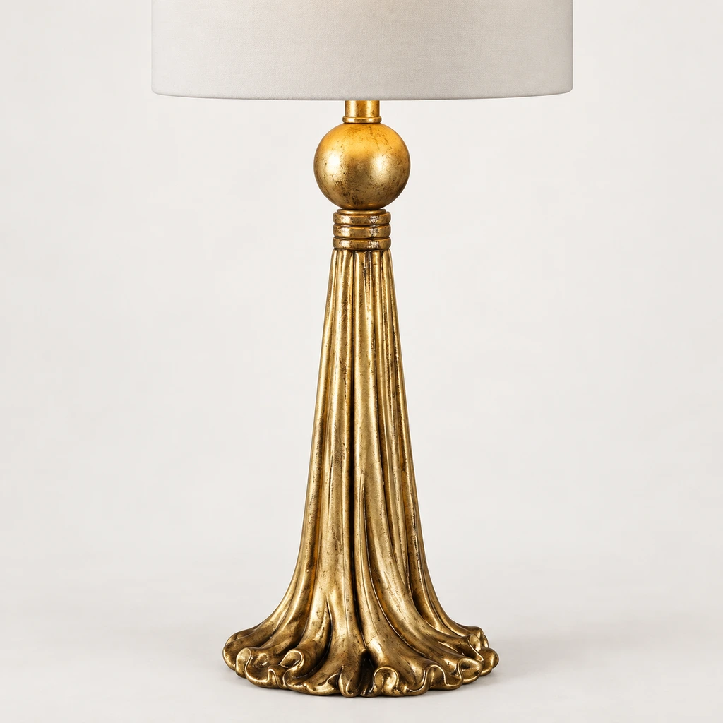 Close detail of the table lamp gold ball, ringed collar and fluted base