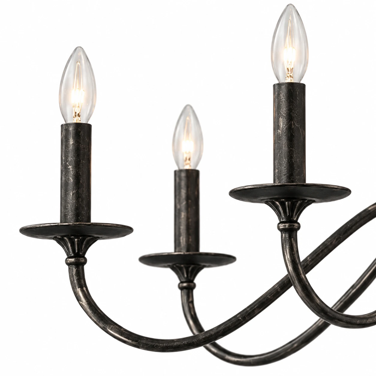 Avery Vintage Carved Wood Chandelier candle sockets, drip trays and curved arm connections