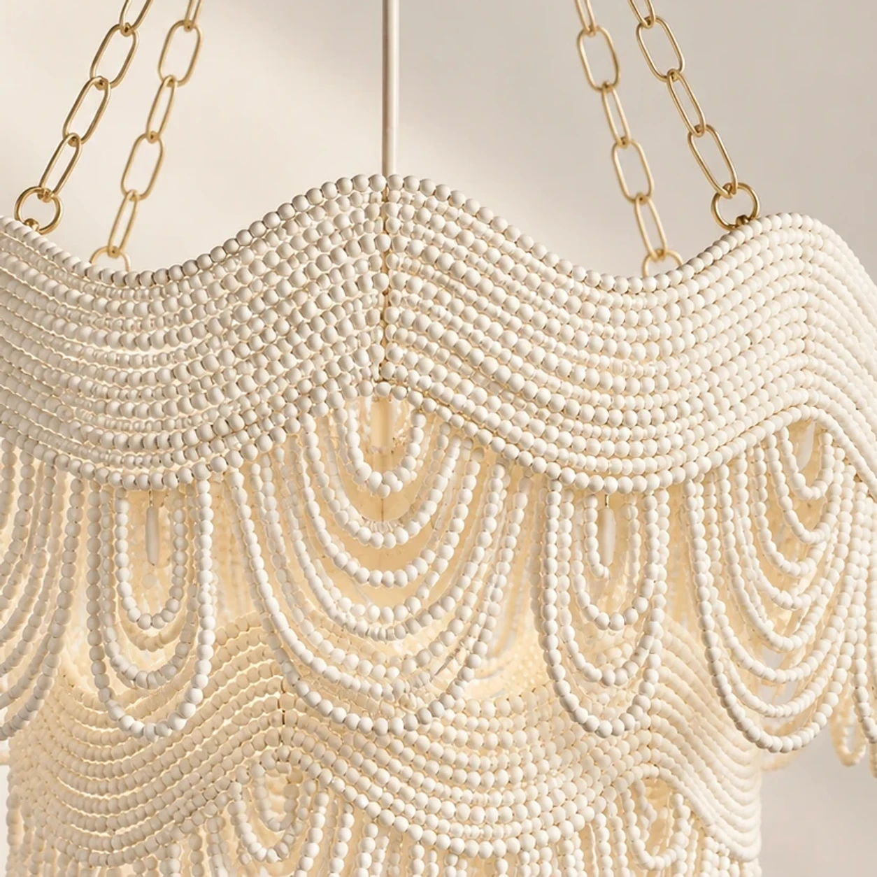 Close view of Clara Vintage Minimal Wood and Metal Pendant Light layered shade edge