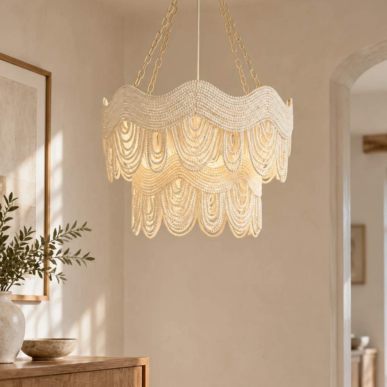 Clara Vintage Minimal Wood and Metal Pendant Light above an entryway console