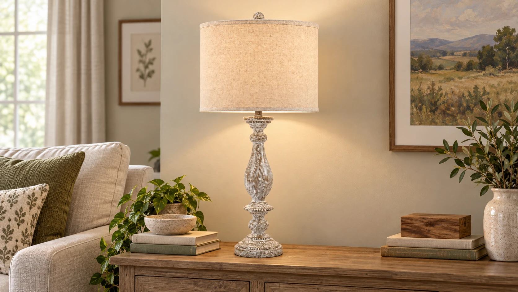 Camille table lamp centered in an American living room
