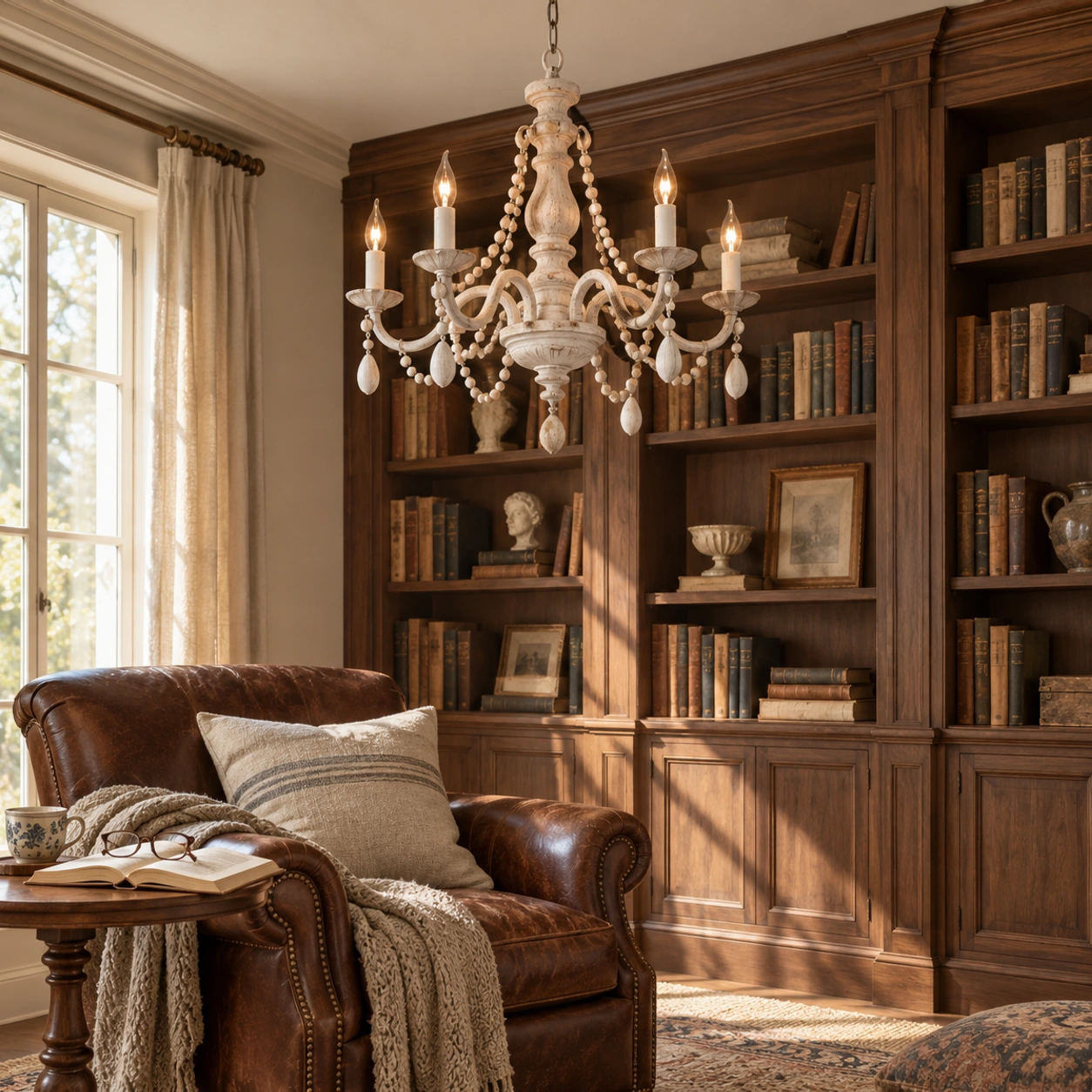 Chandelier in a lived-in French country library