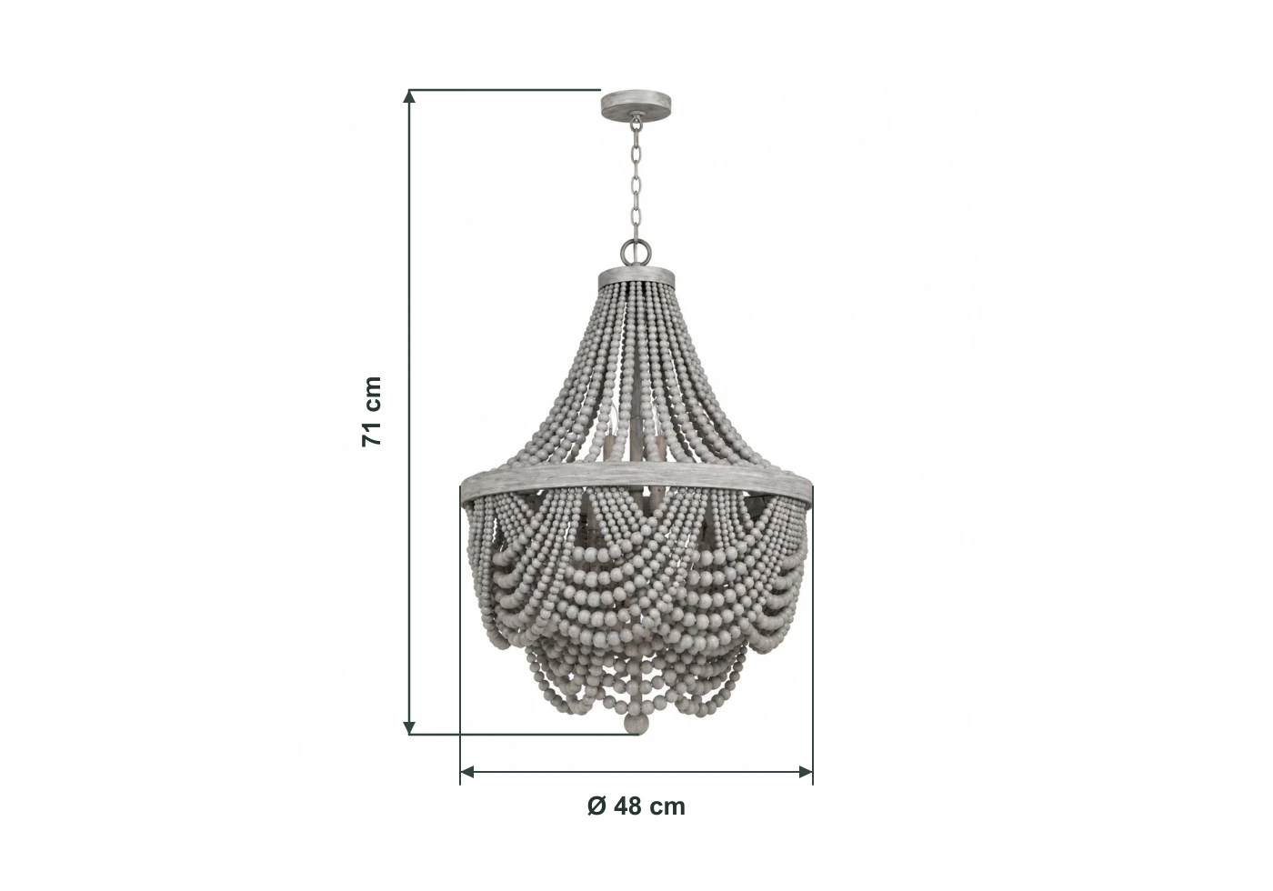 Gray wood beaded chandelier dimension diagram showing 71 cm overall height and 48 cm diameter