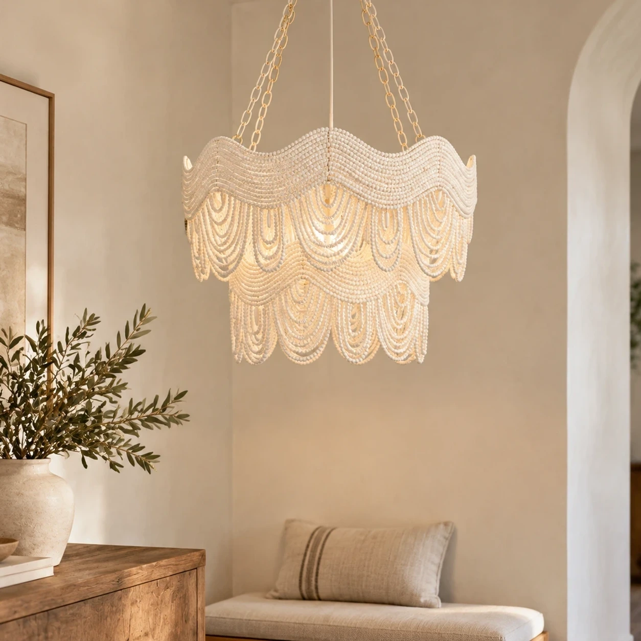 Clara Vintage Minimal Wood and Metal Pendant Light in a warm living space