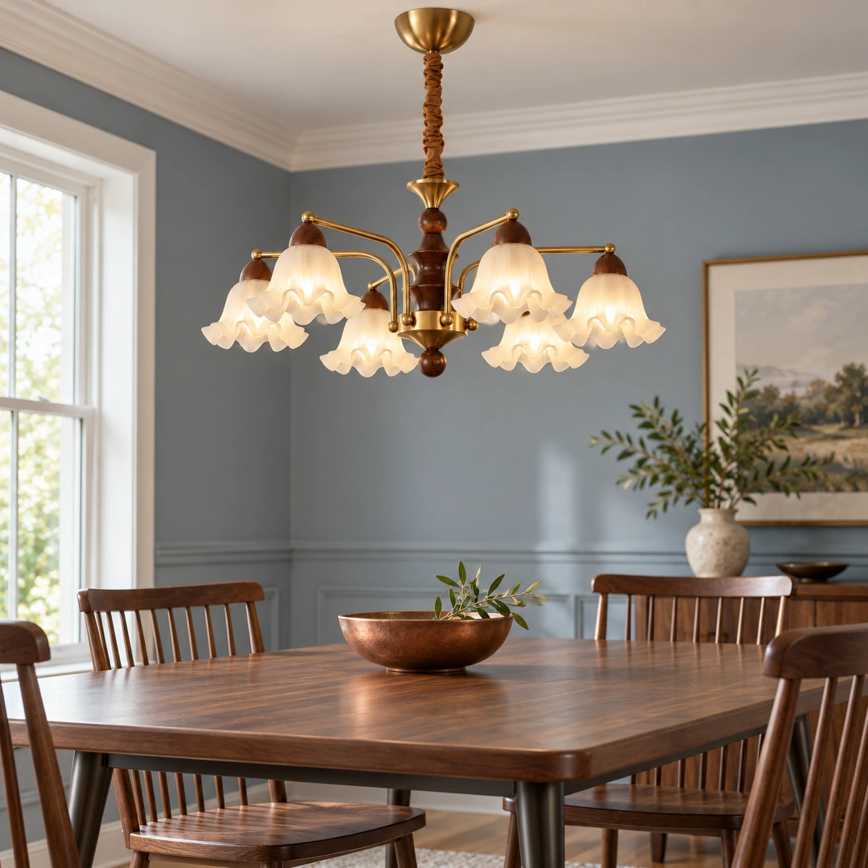 Six-light walnut-toned chandelier in an American dining room