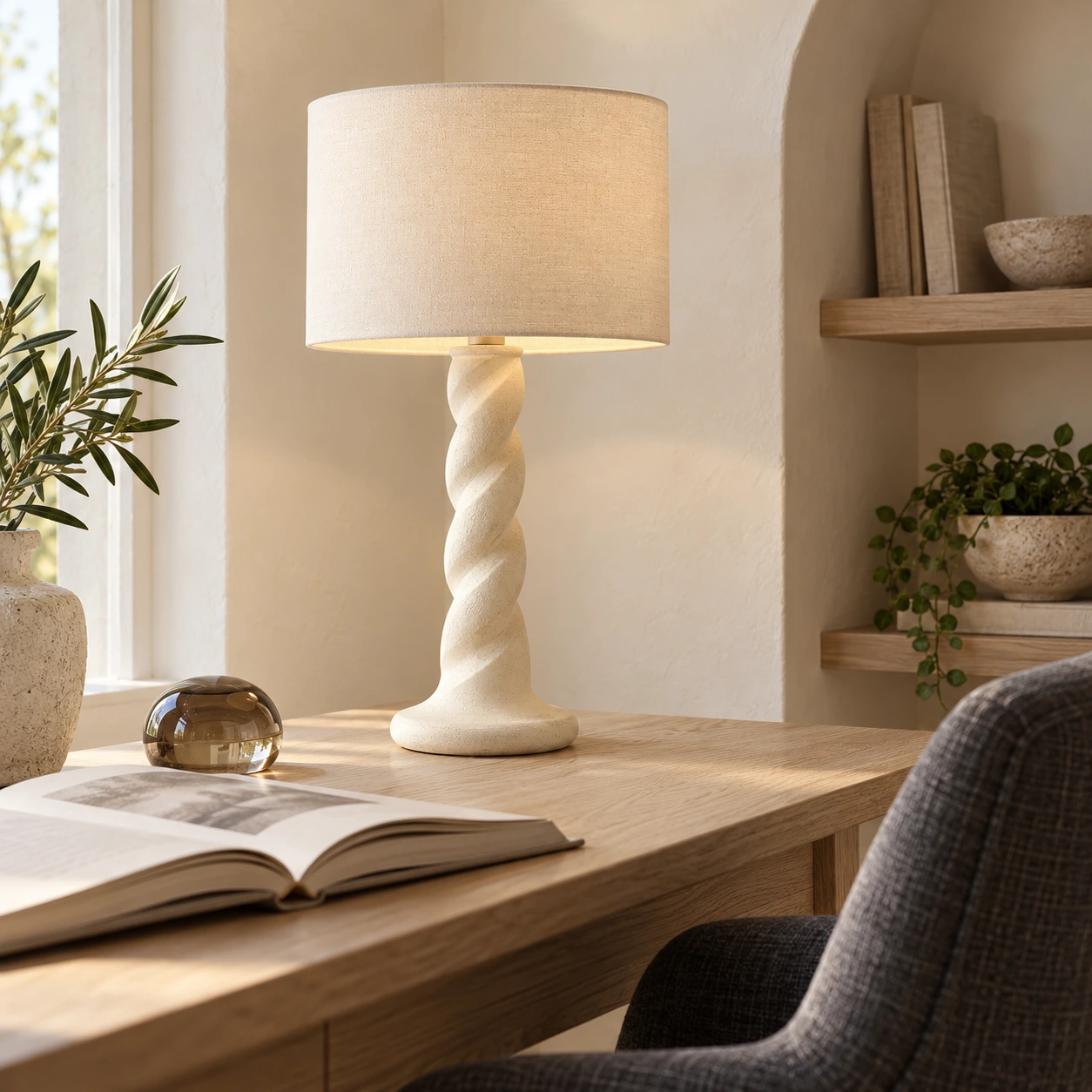Twisted wood table lamp glowing on an oak reading desk