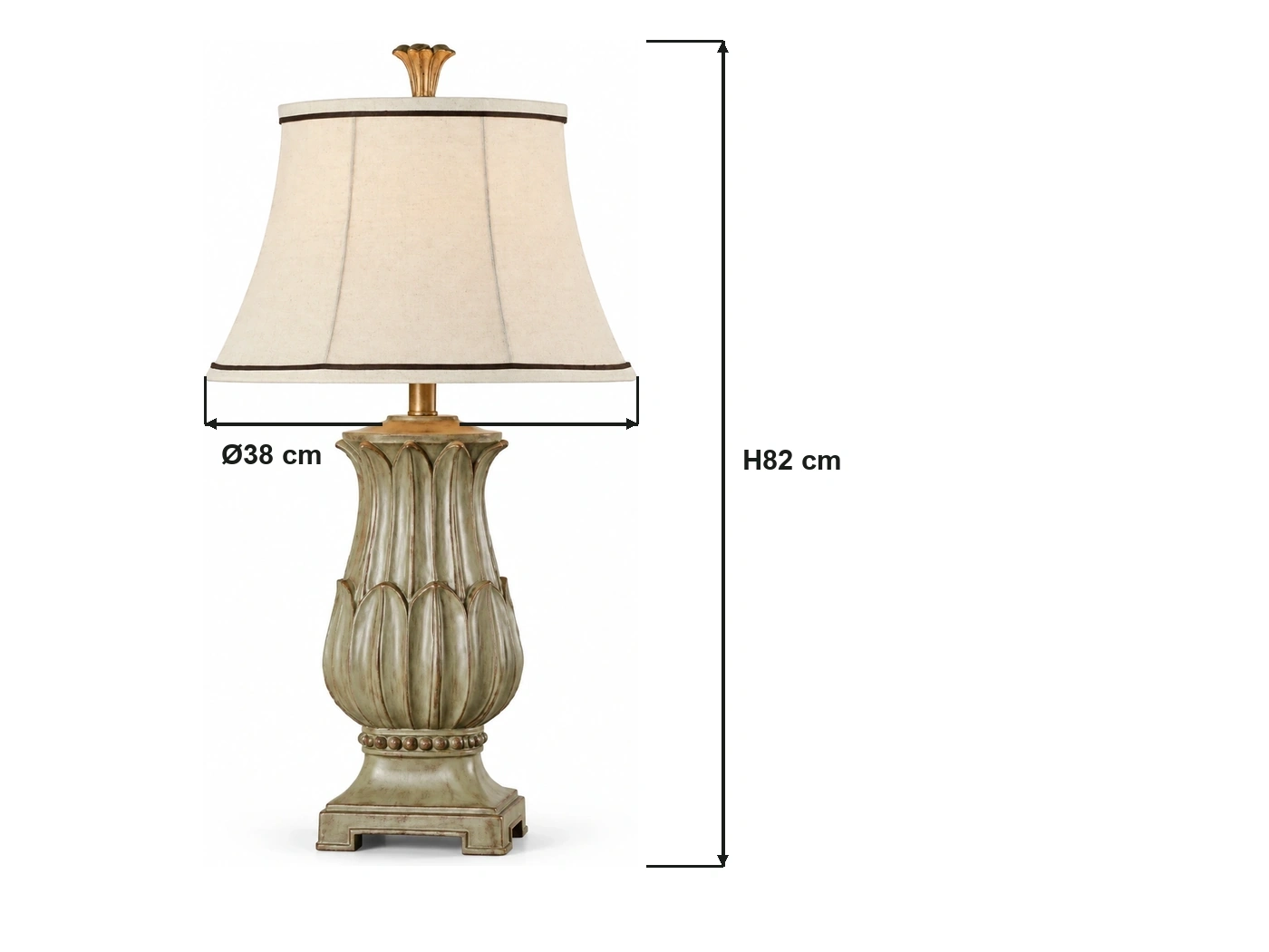 Technical dimension diagram showing a 38 cm shade diameter and an 82 cm overall height