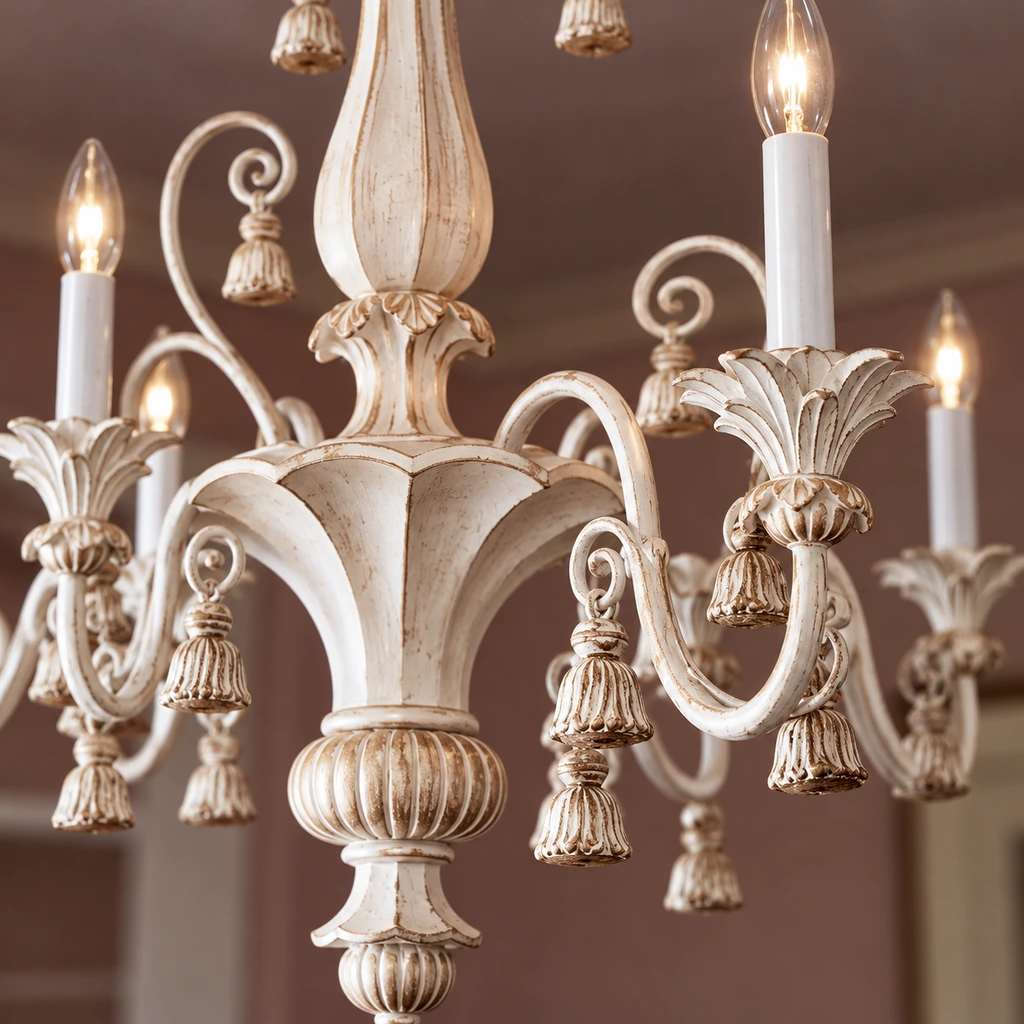 Close detail of the carved ivory wood scrollwork and joining points