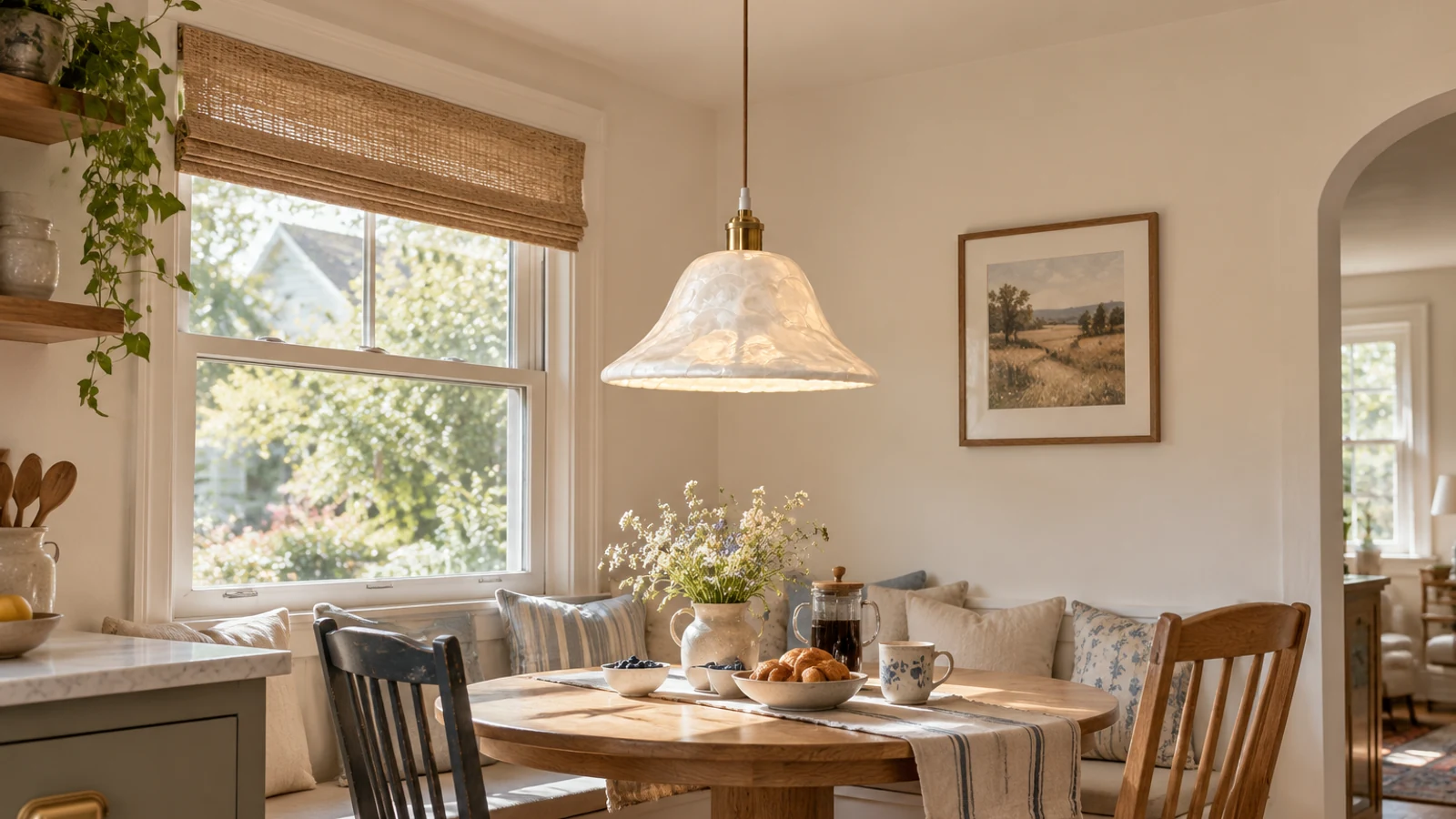 Mara ivory shell pendant in an everyday American breakfast nook