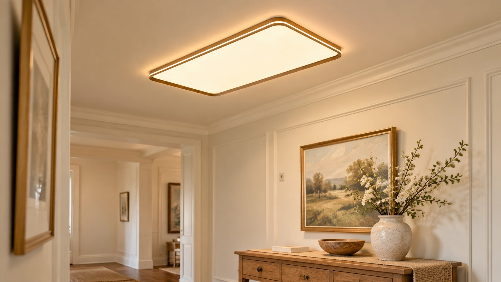 Vintage rectangular flush mount ceiling light in an American entry hall
