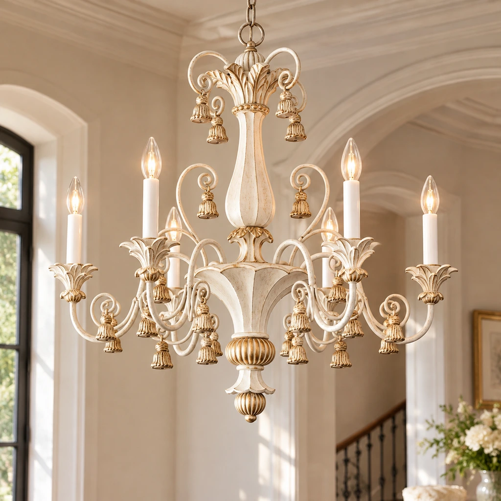 Bellamy vintage carved ivory candle chandelier illuminated in a pale architectural foyer