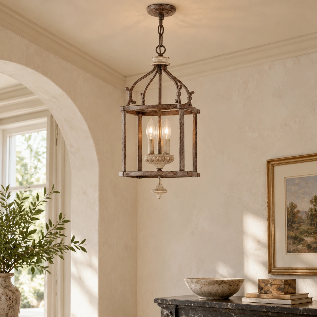 Aged iron birdcage pendant in an entryway