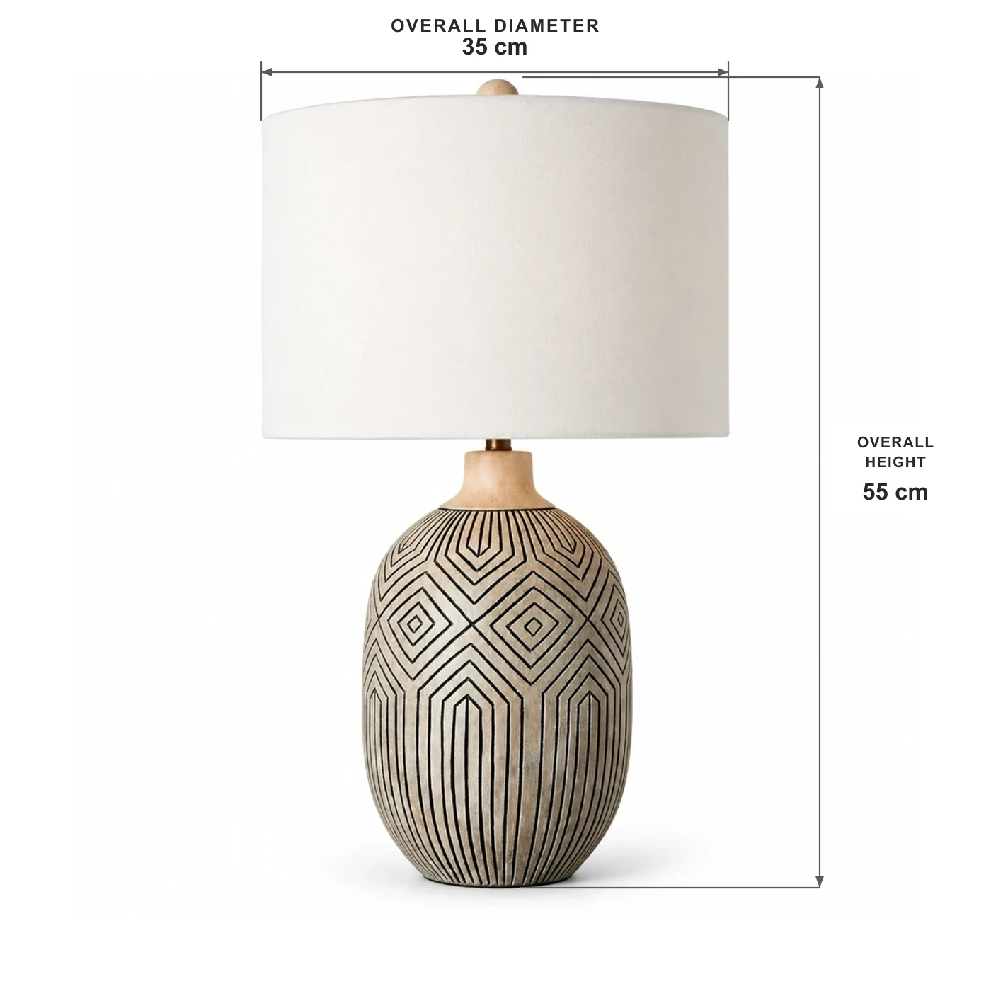 Dimension diagram of the Merritt table lamp: 35 cm overall diameter and 55 cm overall height