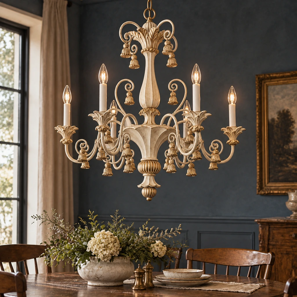 Bellamy vintage carved ivory candle chandelier above a walnut dining table against slate-blue plaster