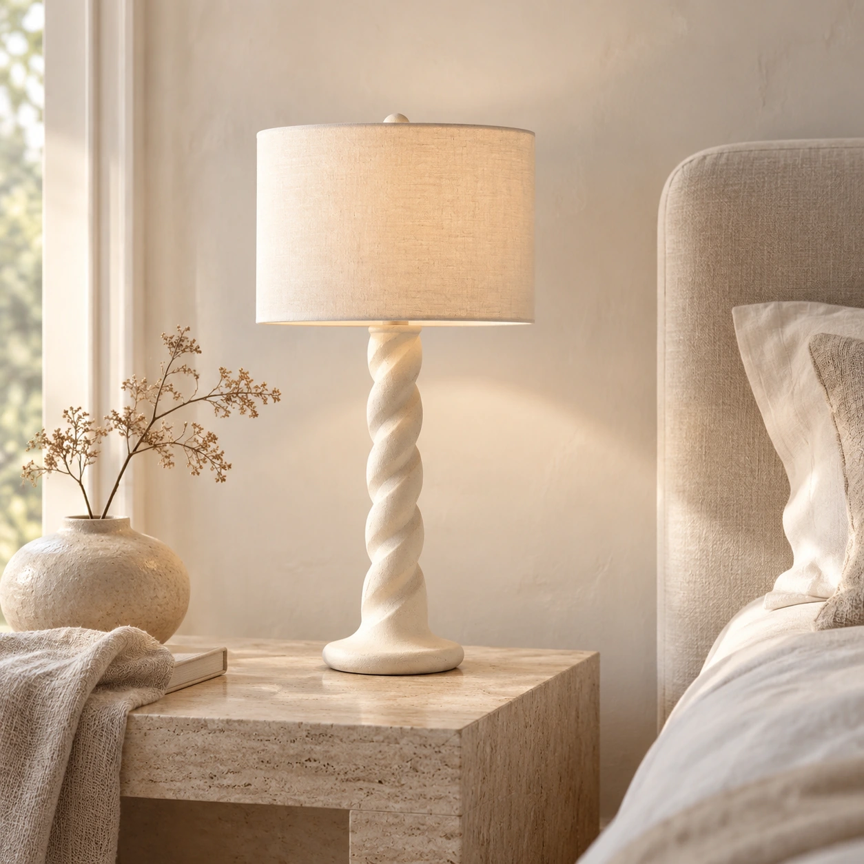 Twisted wood table lamp on a bedside table