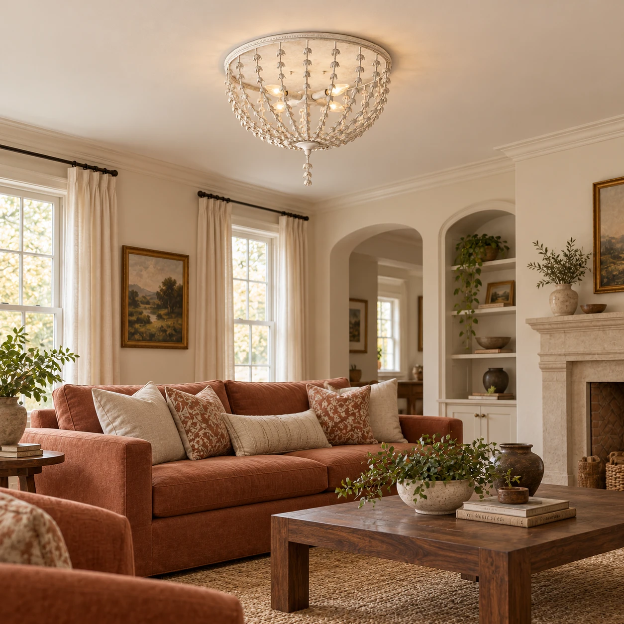 Floral ceiling light above a living room seating area