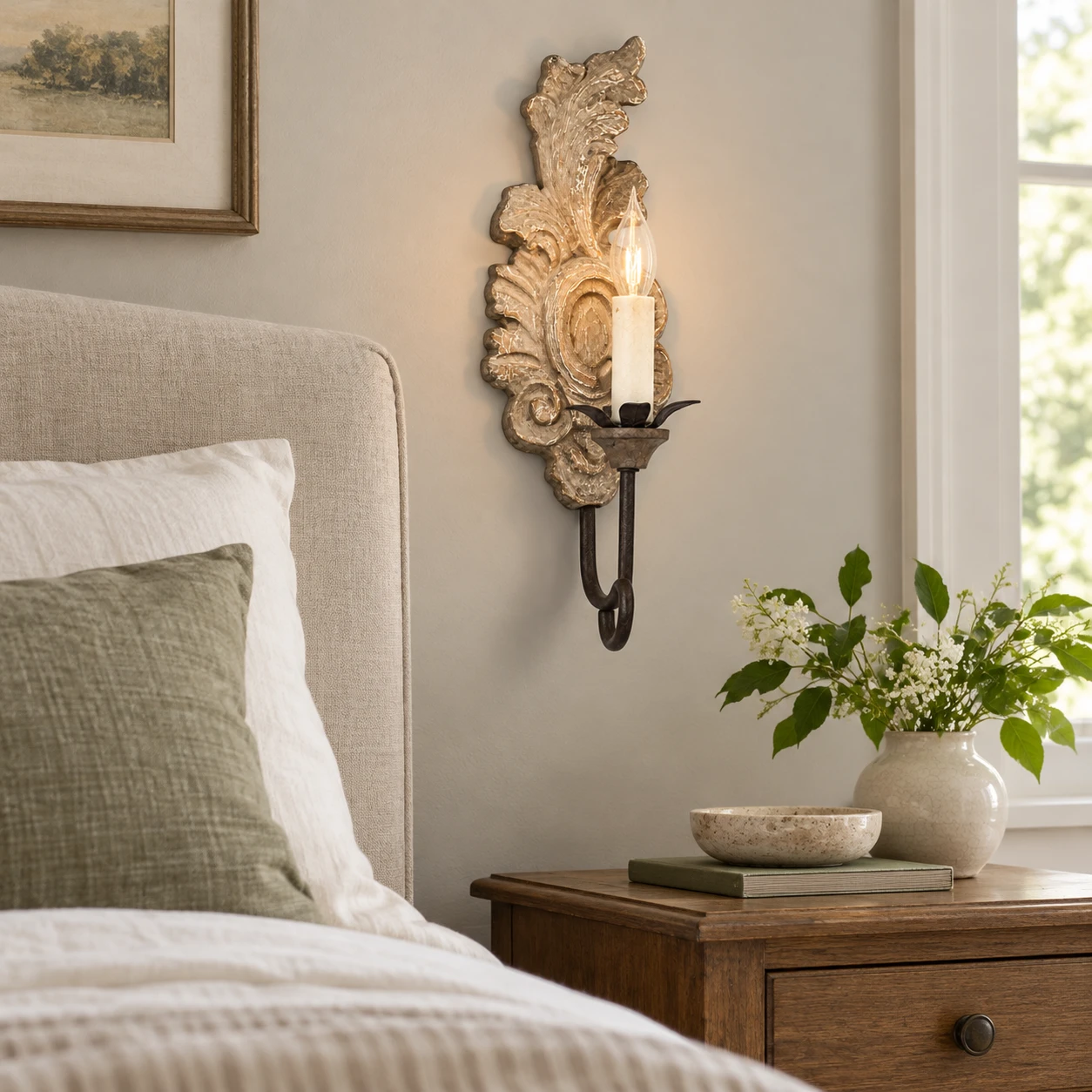 Wall-mounted bedside lighting in an ordinary family bedroom