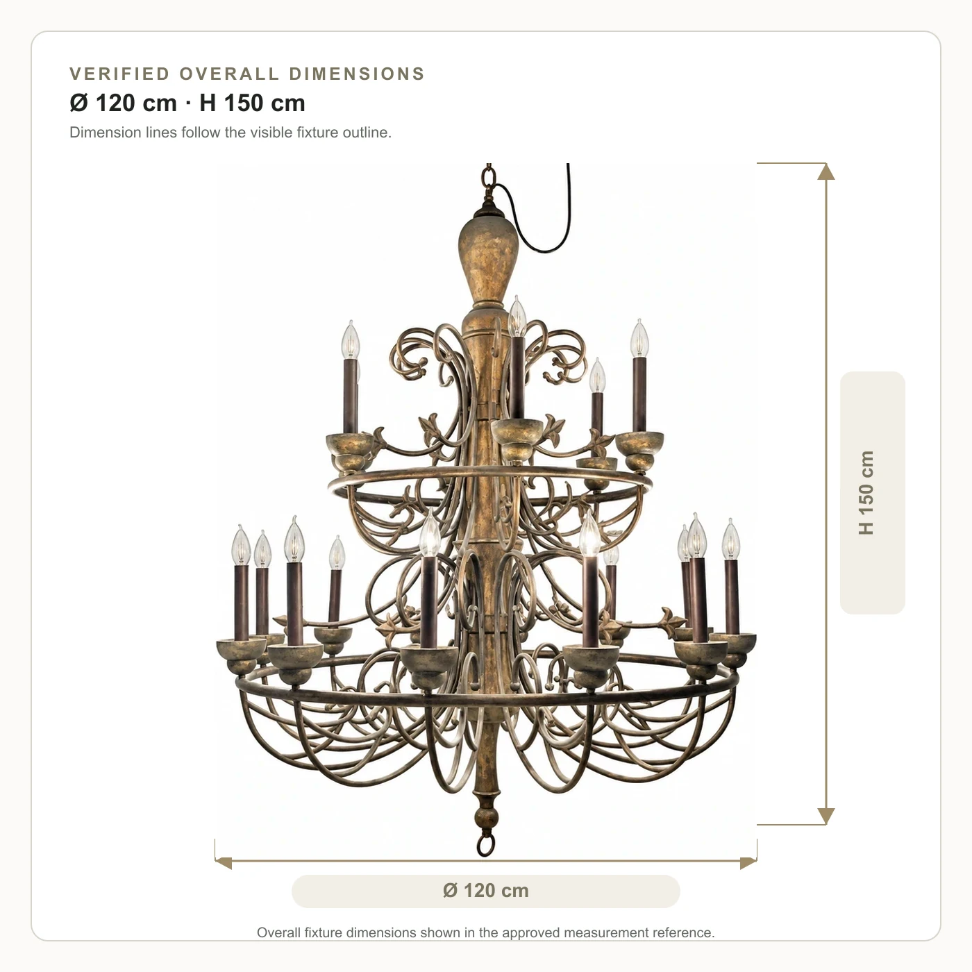 Dimension diagram for Rustic Multi-Tier Carved Wood Chandelier: 120 cm overall diameter and 150 cm overall height