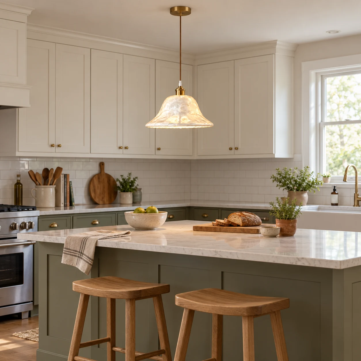 Mara ivory shell pendant over a small family kitchen peninsula