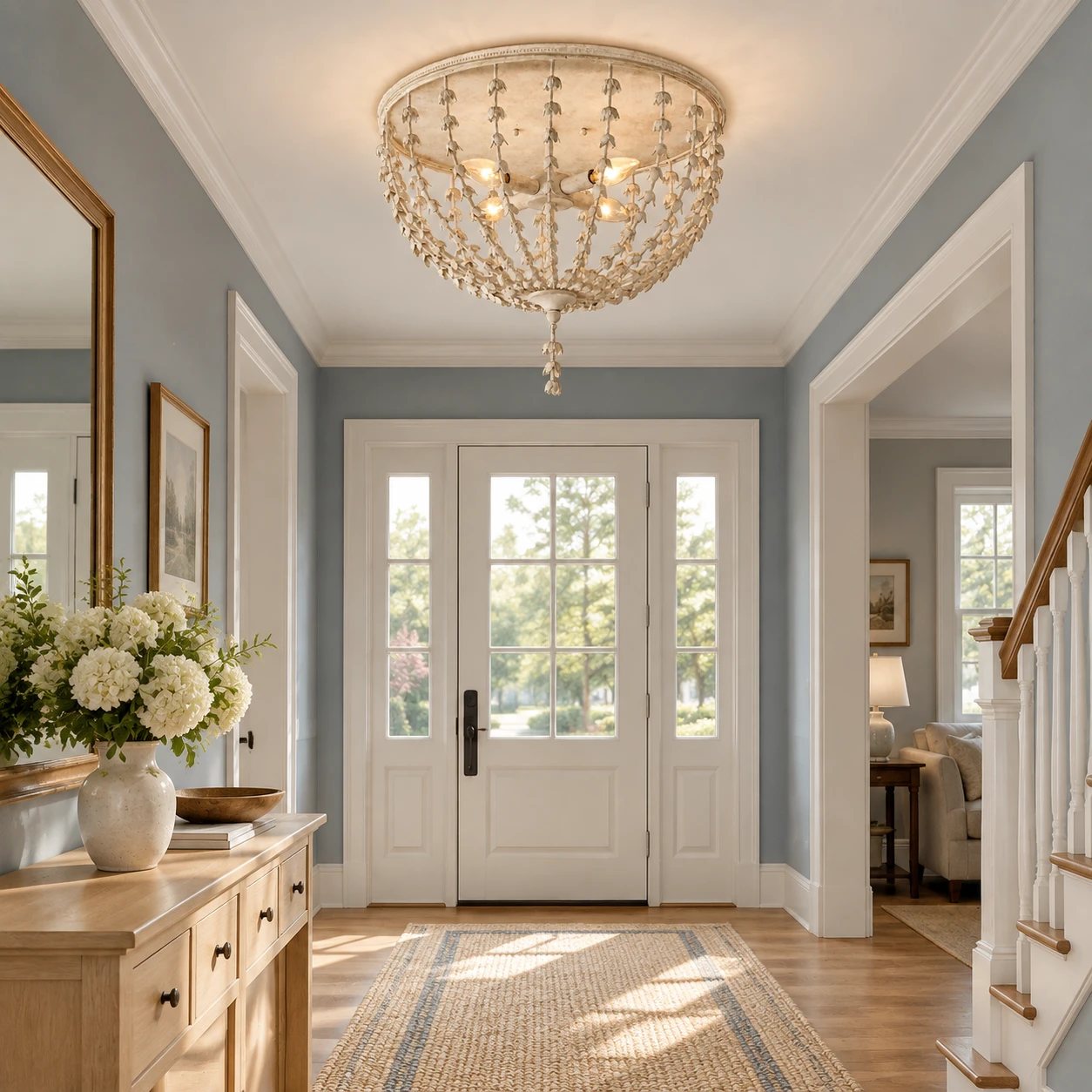 Floral ceiling light in a residential hallway