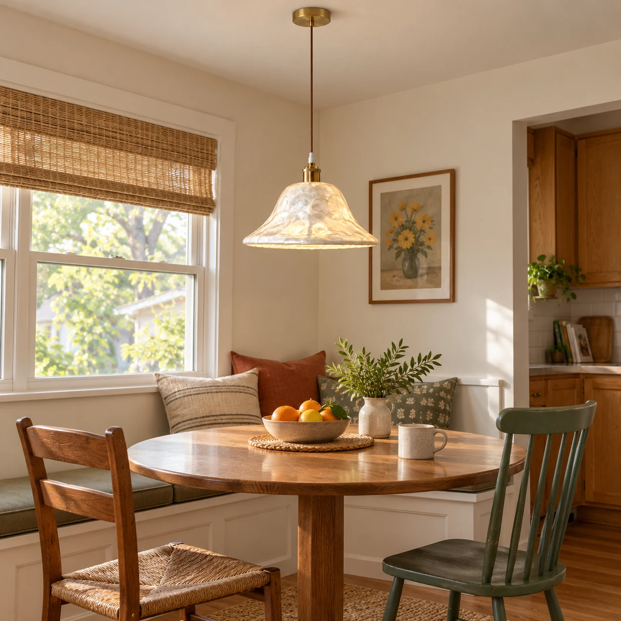Mara ivory shell pendant above a round oak breakfast table