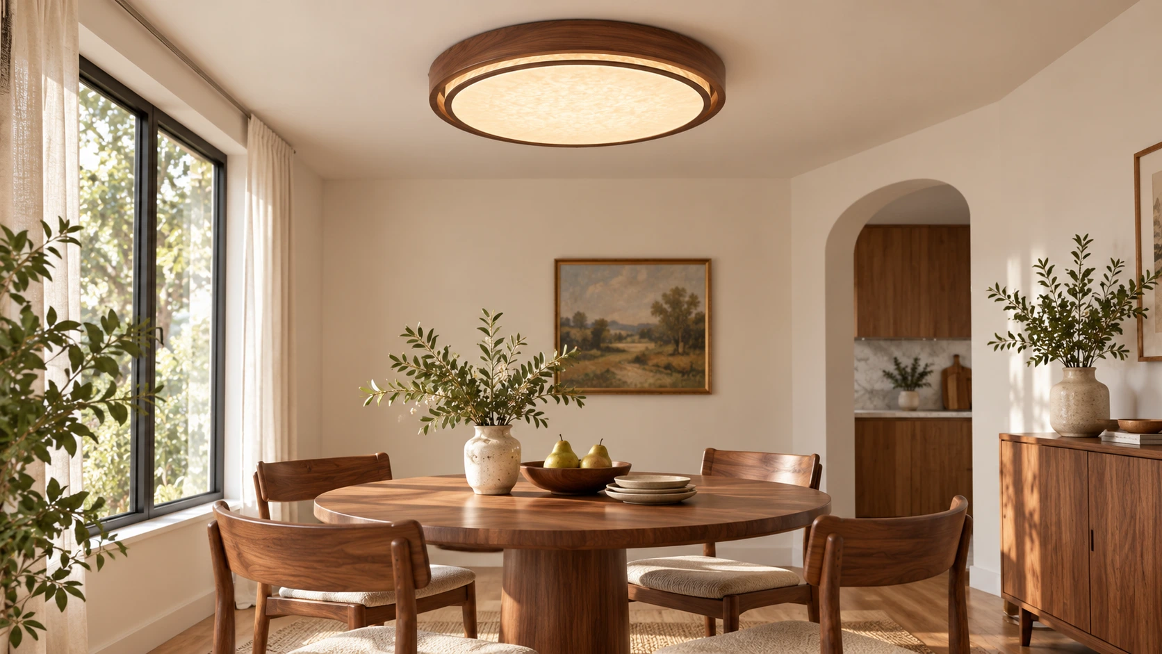 Walnut flush-mount ceiling light in a dining room