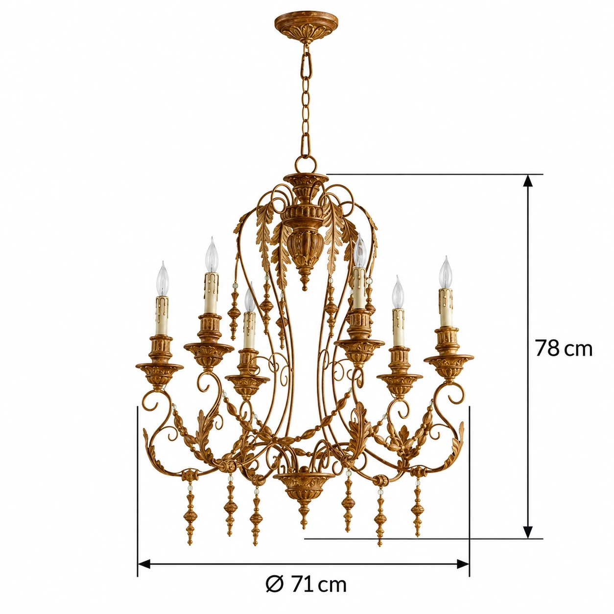 Merritt six-light chandelier dimension diagram: fixture body 71 cm diameter and 78 cm height