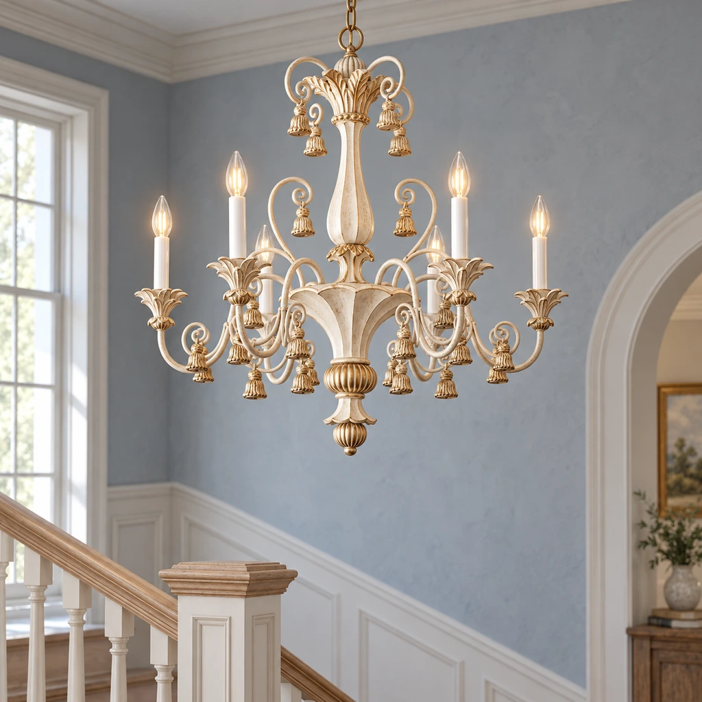 Bellamy vintage carved ivory candle chandelier above a cool blue-gray staircase landing