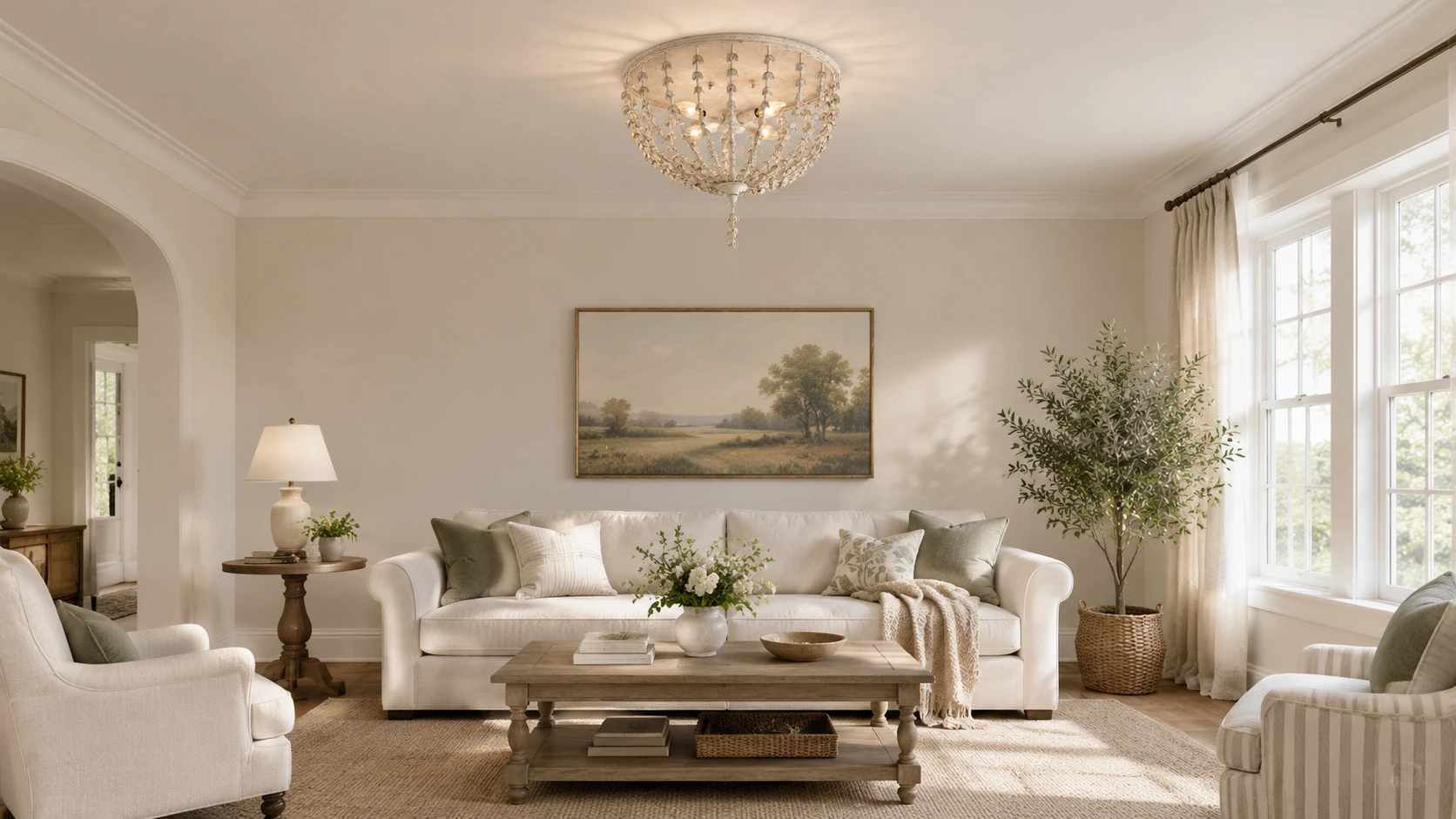 Floral iron flush-mount ceiling light in a living room