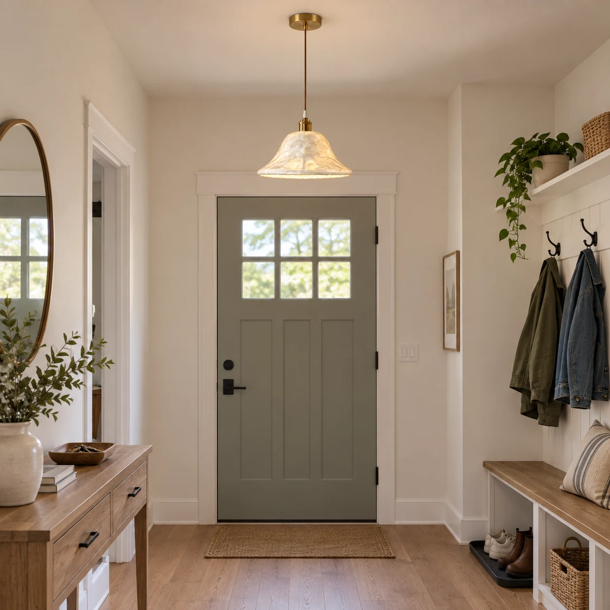 Mara ivory shell pendant in a family entry mudroom