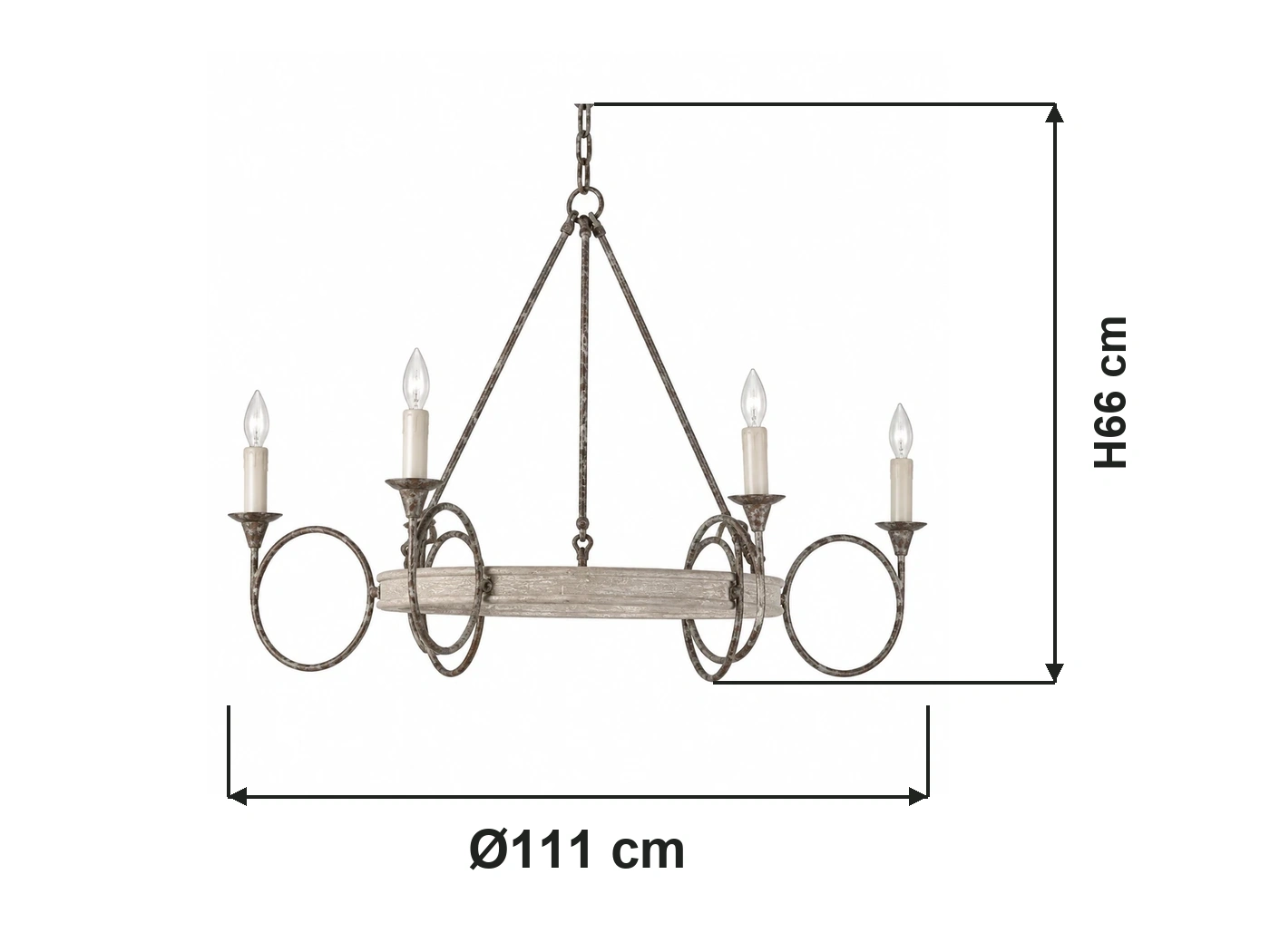 Verified 6-light chandelier dimensions: 111 cm diameter and 66 cm height