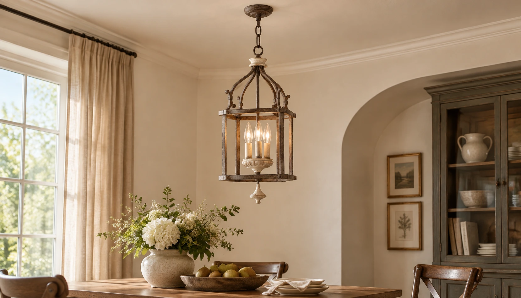 Aged iron birdcage pendant in a dining room
