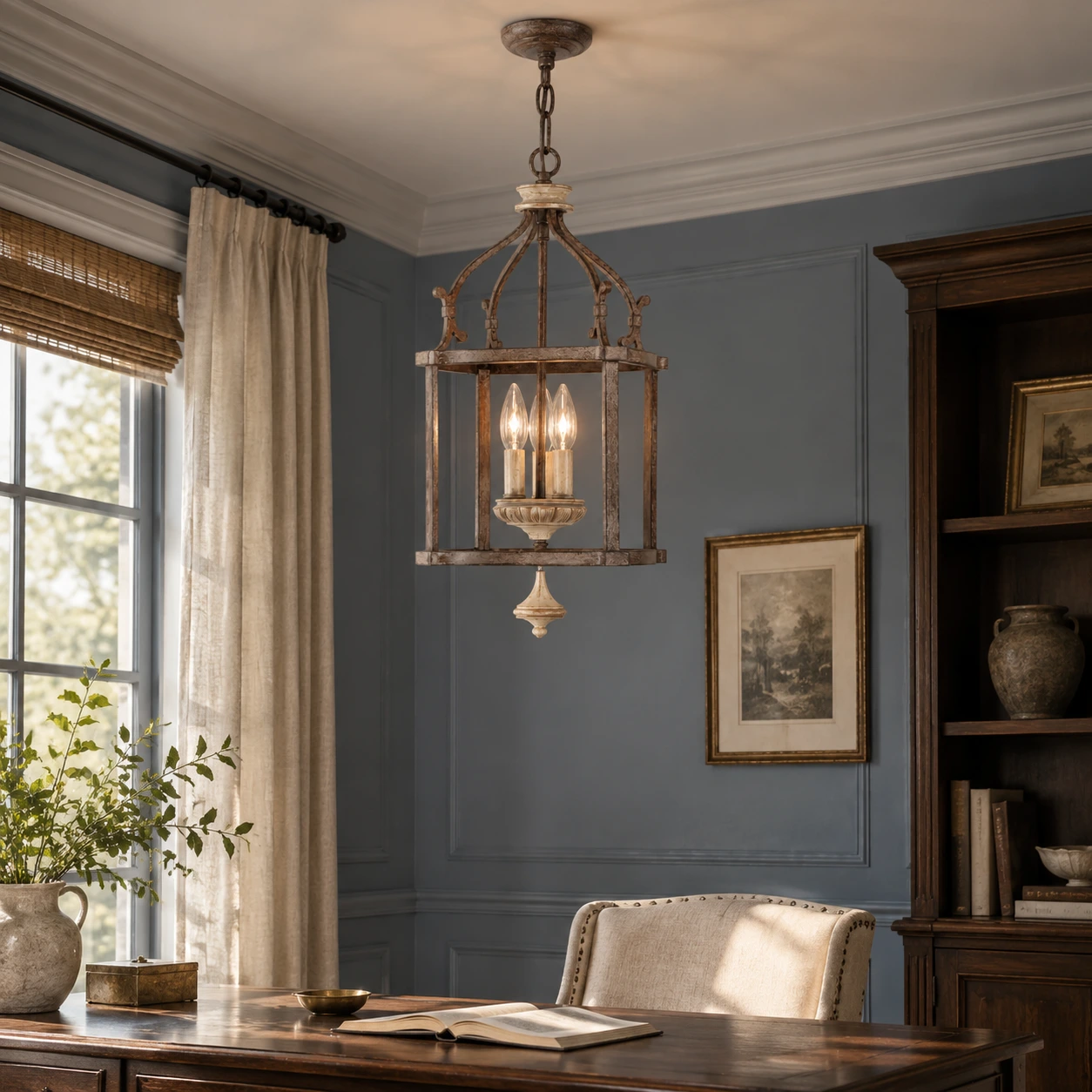 Iron pendant light in a study corner