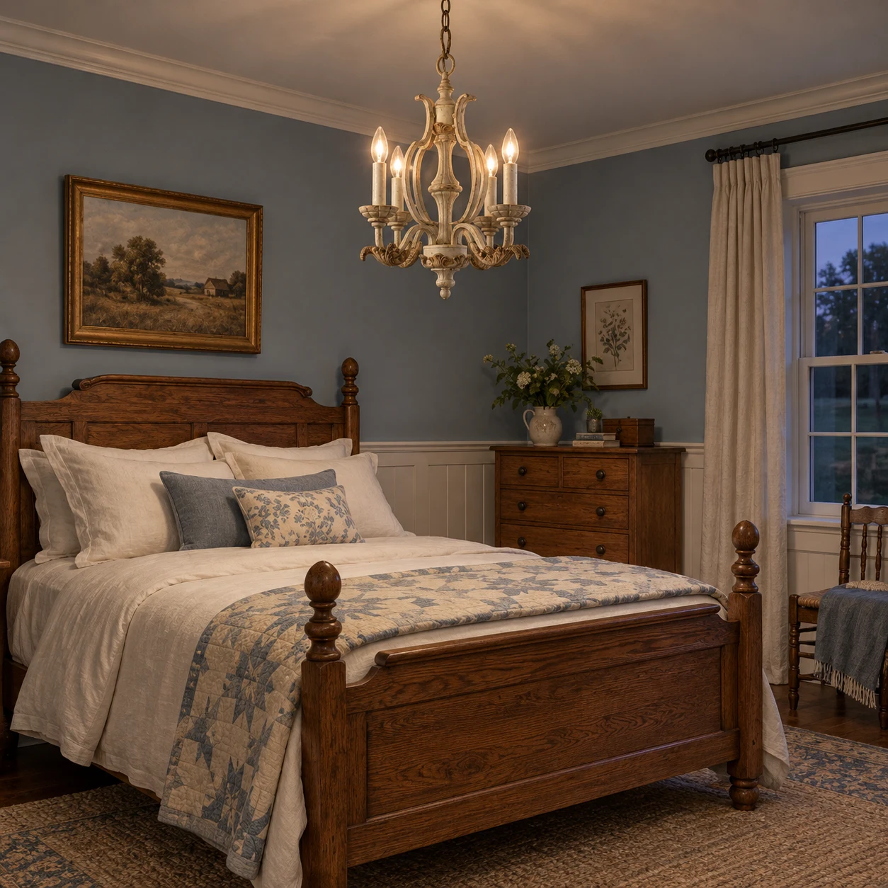 Vintage carved wood chandelier in a traditional American guest bedroom with balanced evening light