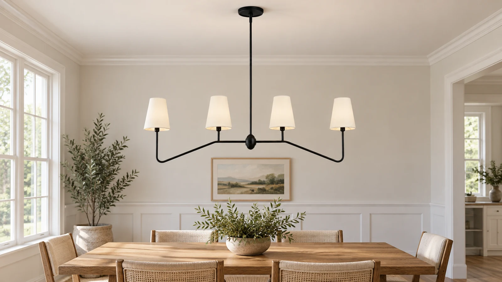 Four-light iron chandelier with fabric shades above a dining table in an ordinary American home