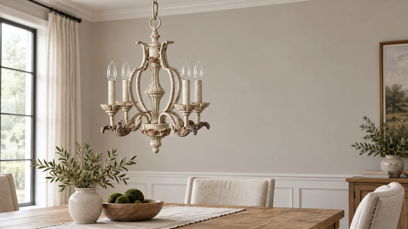 Vintage carved wood four-light chandelier above a dining table in an ordinary American home