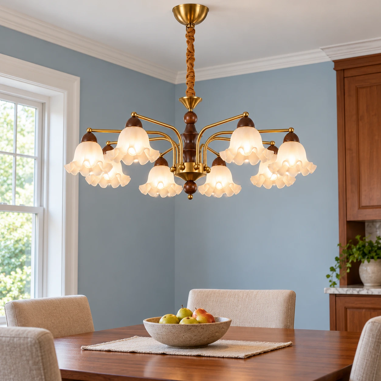 Walnut-toned chandelier in an American breakfast area