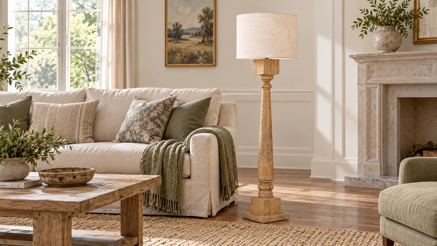 Natural Wood floor lamp beside a sofa in a living room