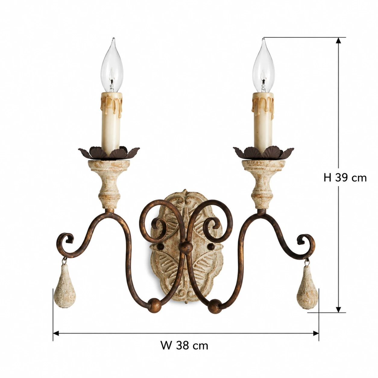 Two-light wall sconce dimensions, width 38 cm and height 39 cm