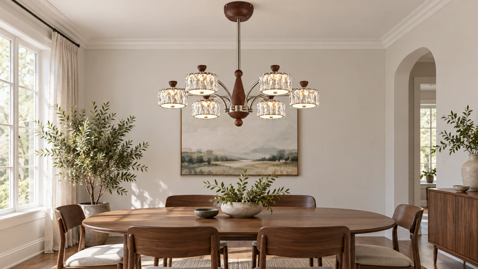 Six-light chandelier above a dining table