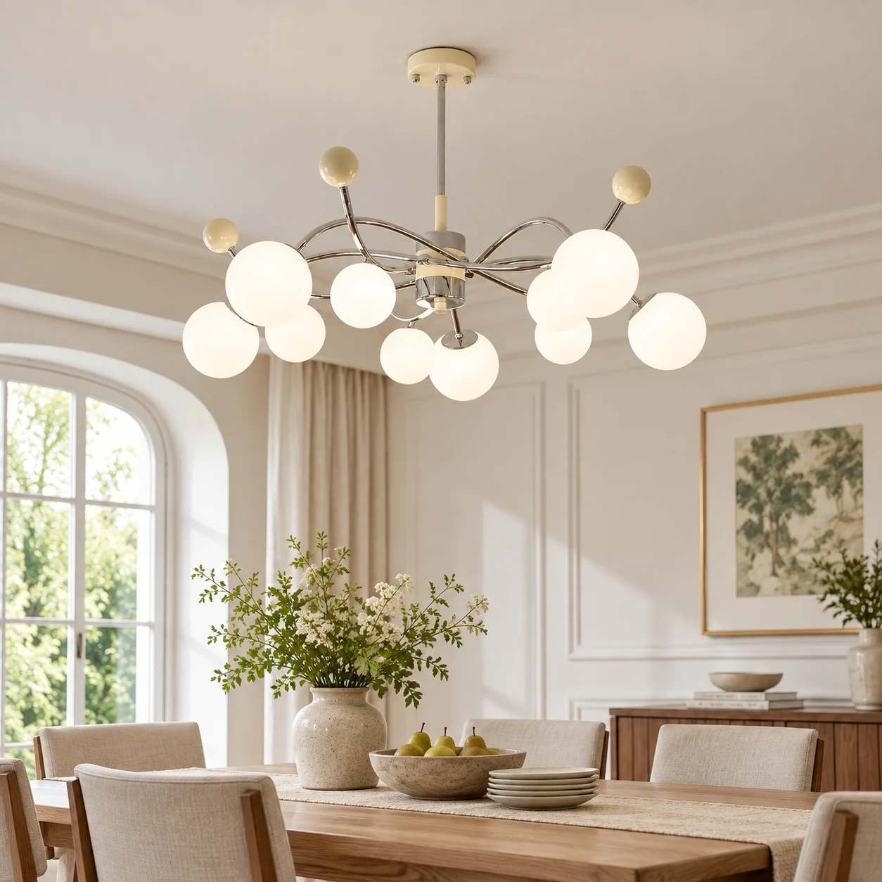 Chandelier above a family dining table